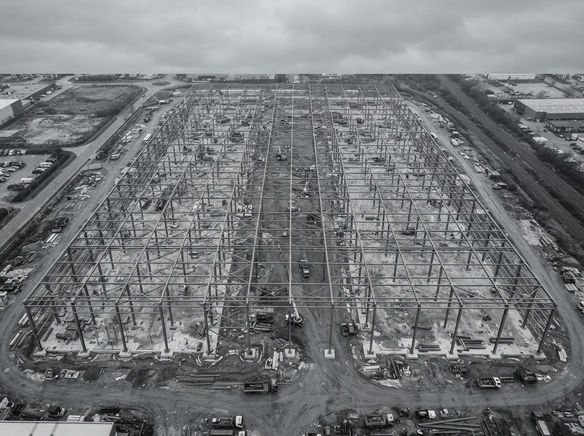 Estructura metálica de nave industrial vista desde arriba